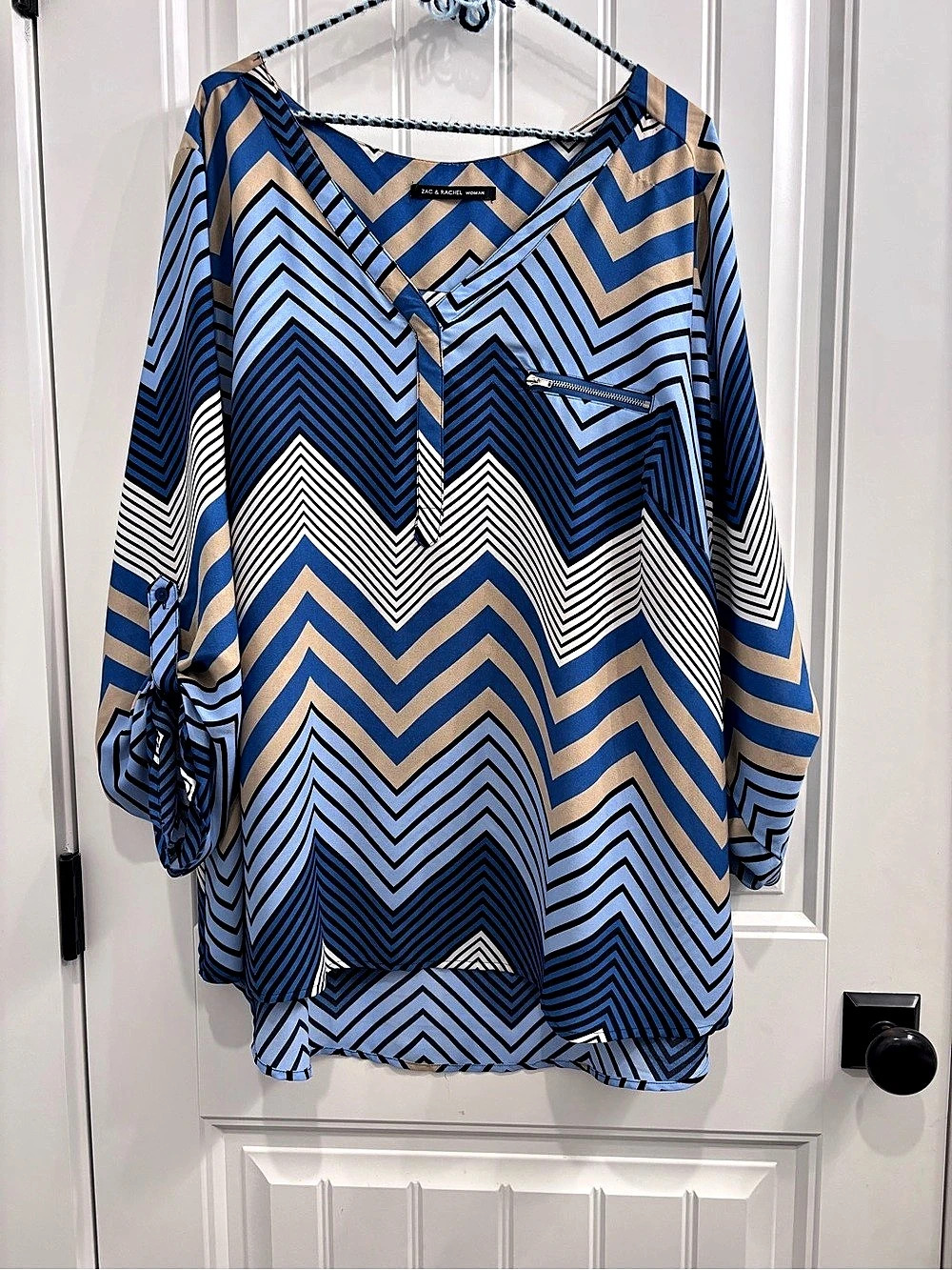 Zac & Rachel Geometric Blouse in Blue & Tan Like New